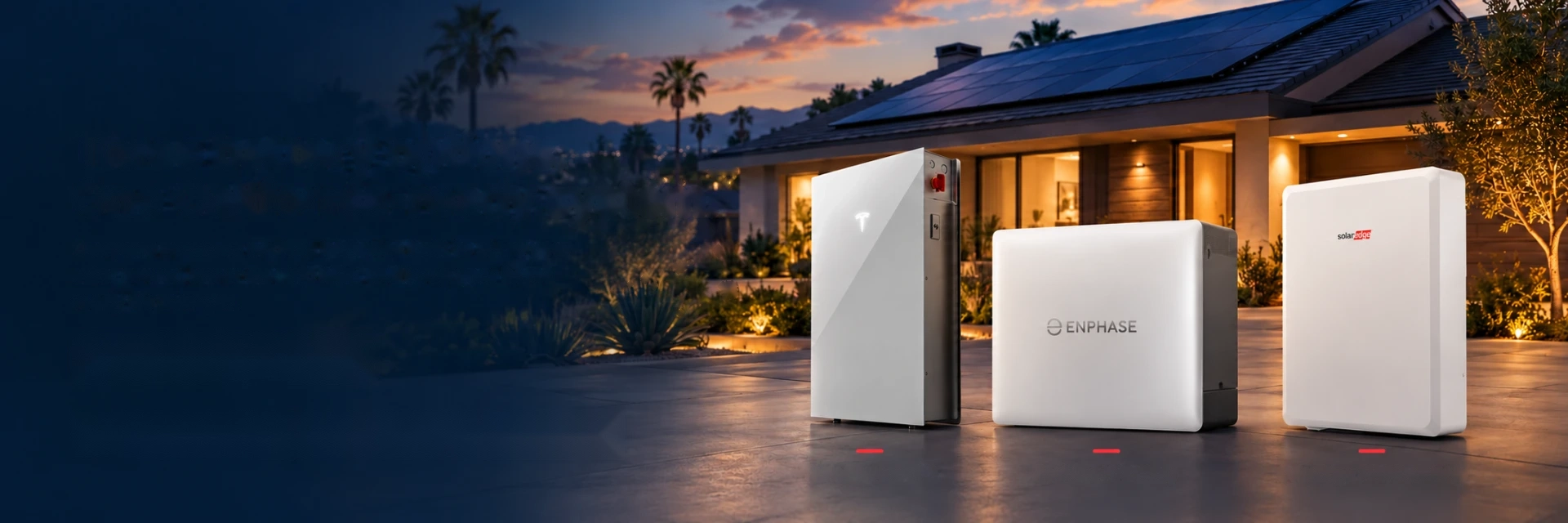 Twilight California home with rooftop solar and three home batteries: Tesla Powerwall 3, Enphase IQ Battery, and SolarEdge 10kWh Battery