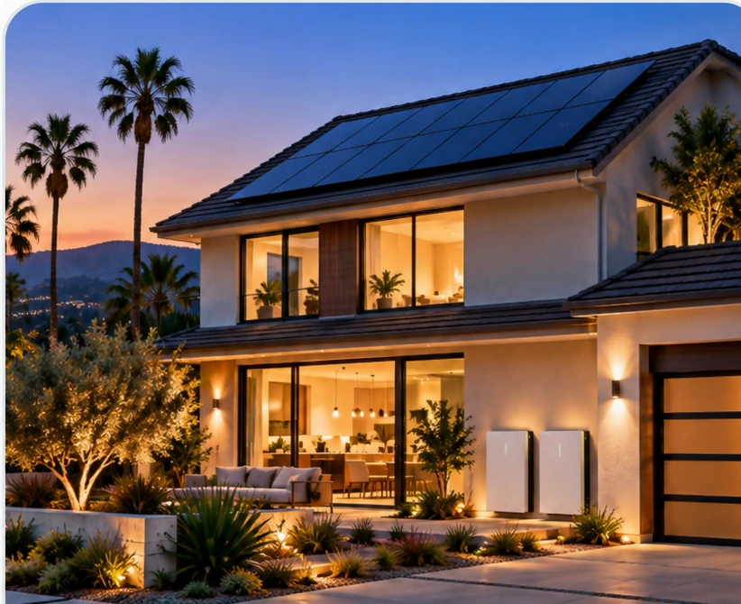 California home with rooftop solar panels and home battery storage at sunset.