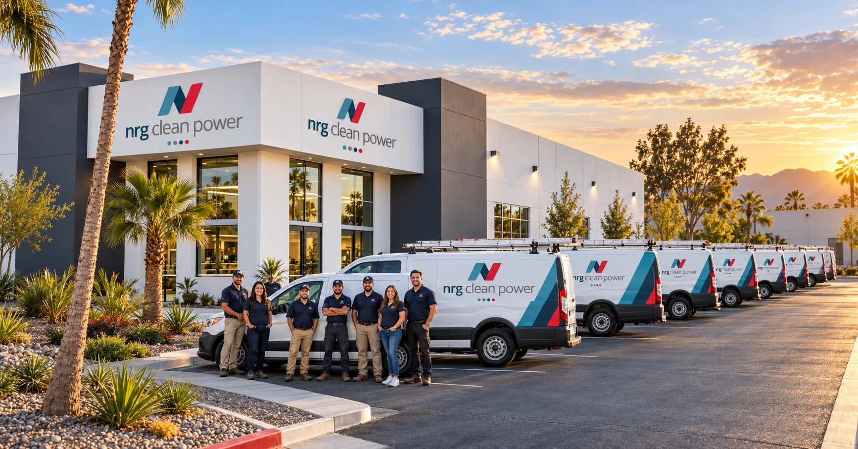 NRG Clean Power team standing in front of a fleet of service vans at sunset