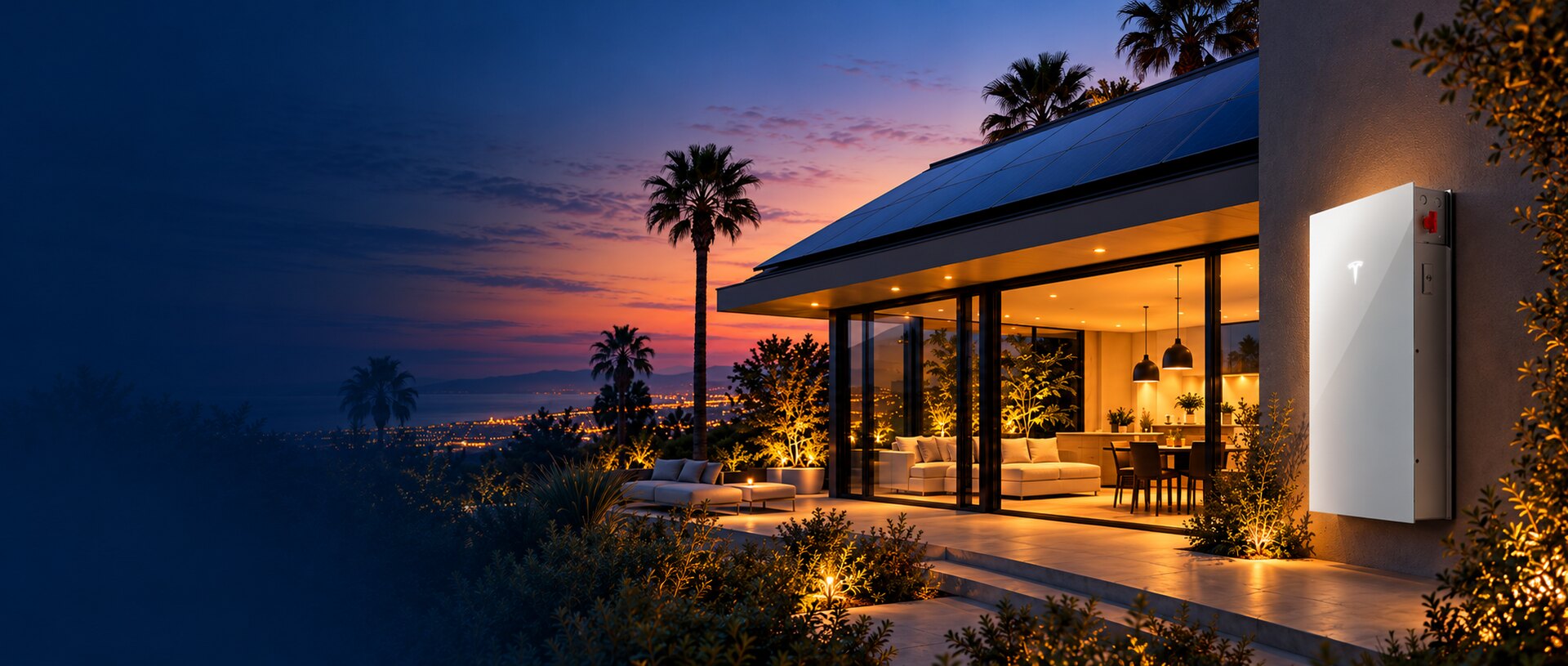 California coastal home at twilight with rooftop solar panels and a Tesla Powerwall home battery
