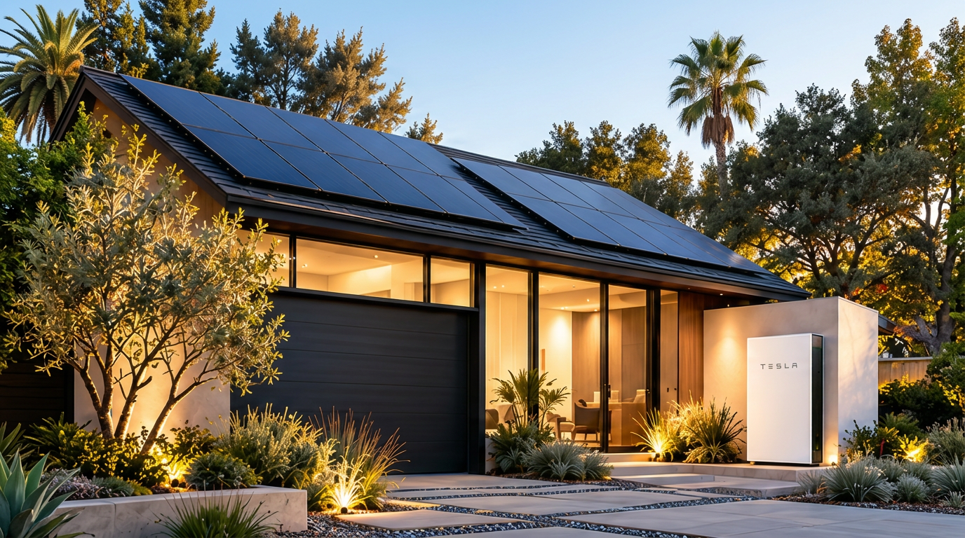 Modern California home at dusk with black rooftop solar panels and a Tesla Powerwall 3 on the exterior wall